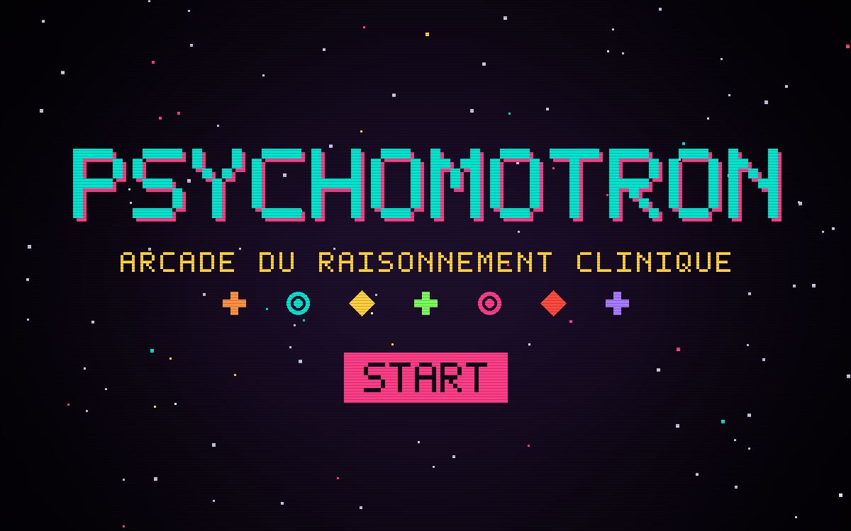 Psychomotron start screen: pixel-art title, subject icons and a Start button